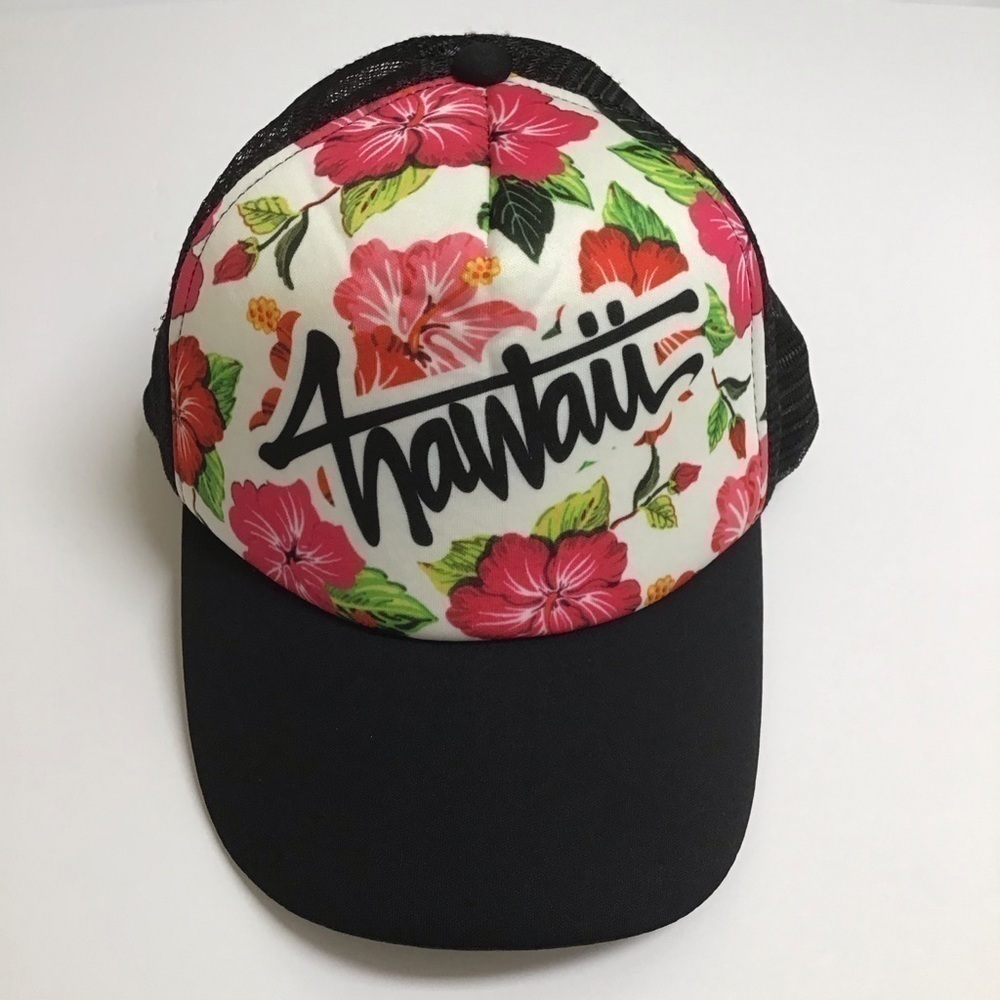 HAWAII Surfer Hat Mesh Snapback Black Cap Pink Hibiscus Floral Adjust Surferware